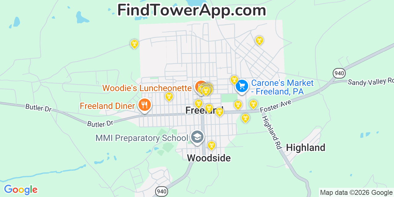 Map showing the 20 primary cell tower locations detected in Freeland, Pennsylvania from AT&T, Verizon, and T-Mobile networks