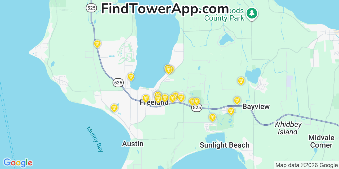Map showing the 20 primary cell tower locations detected in Freeland, Washington from AT&T, Verizon, and T-Mobile networks