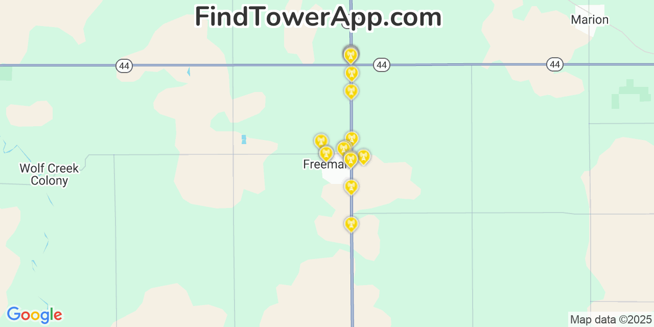 Map showing the 20 primary cell tower locations detected in Freeman, South Dakota from AT&T, Verizon, and T-Mobile networks