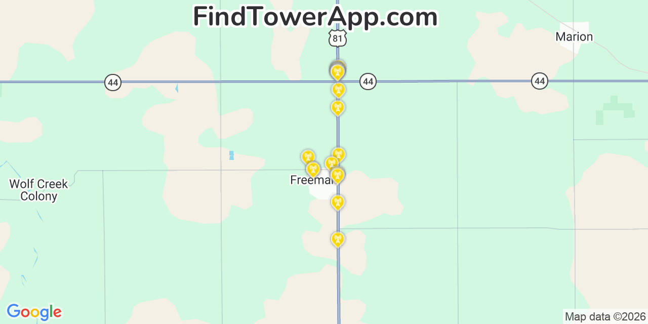 Map showing the 20 primary cell tower locations detected in Freeman, South Dakota from AT&T, Verizon, and T-Mobile networks
