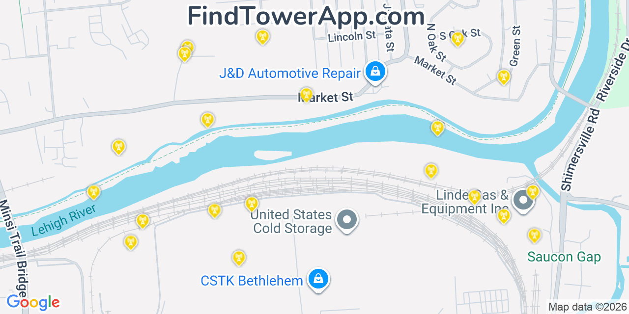 Map showing the 20 primary cell tower locations detected in Freemansburg, Pennsylvania from AT&T, Verizon, and T-Mobile networks
