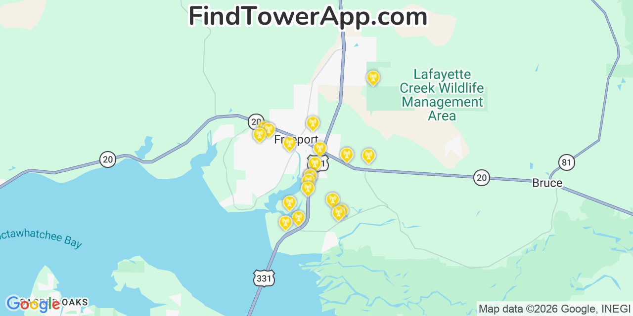 Map showing the 20 primary cell tower locations detected in Freeport, Florida from AT&T, Verizon, and T-Mobile networks