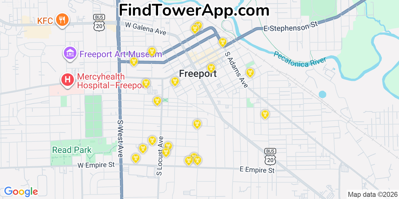 Map showing the 20 primary cell tower locations detected in Freeport, Illinois from AT&T, Verizon, and T-Mobile networks