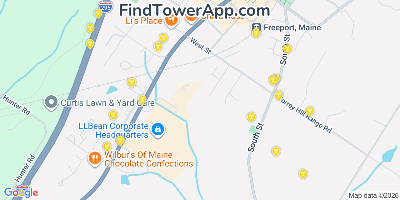 Map showing the 20 primary cell tower locations detected in Freeport, Maine from AT&T, Verizon, and T-Mobile networks