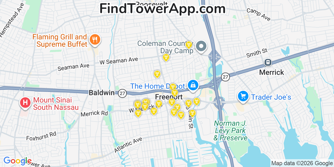 Map showing the 20 primary cell tower locations detected in Freeport, New York from AT&T, Verizon, and T-Mobile networks
