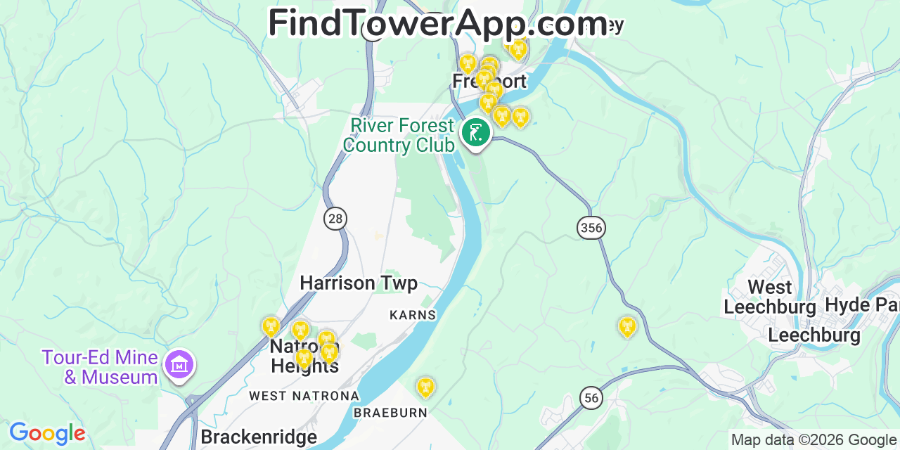 Map showing the 20 primary cell tower locations detected in Freeport, Pennsylvania from AT&T, Verizon, and T-Mobile networks