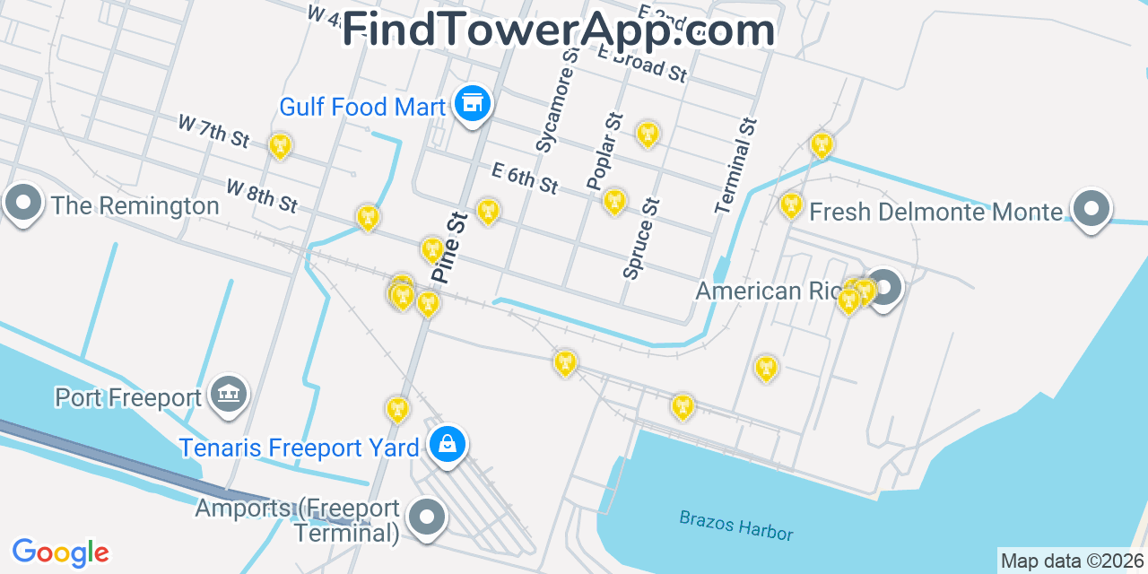 Map showing the 20 primary cell tower locations detected in Freeport, Texas from AT&T, Verizon, and T-Mobile networks