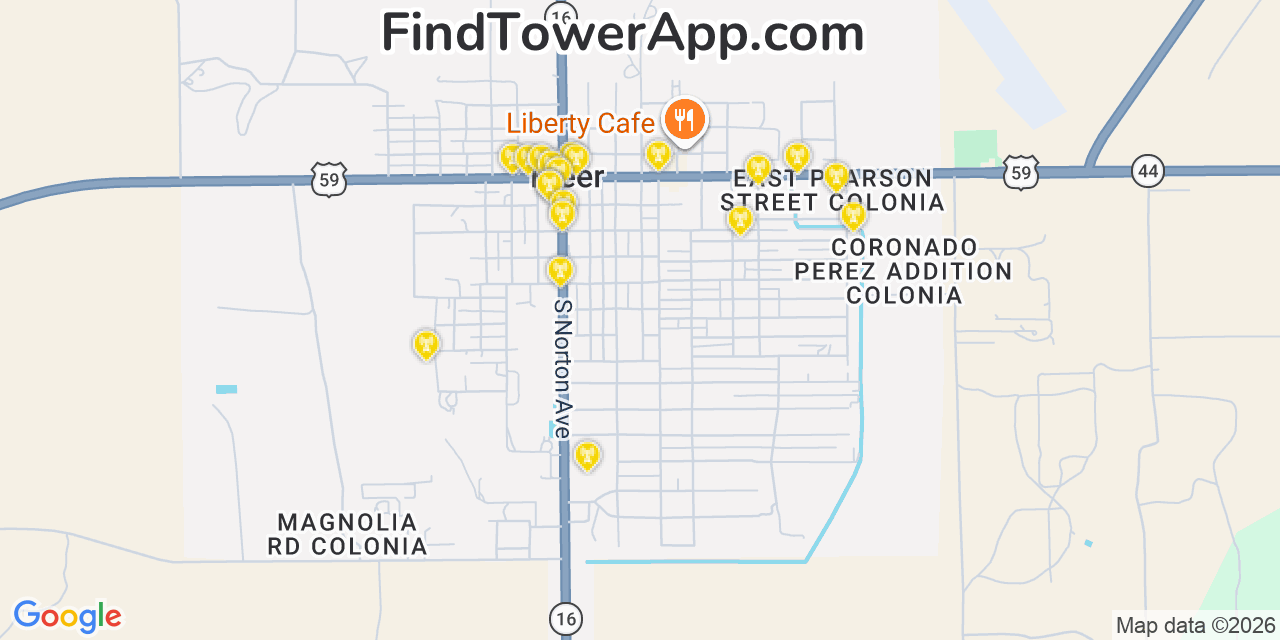 Map showing the 20 primary cell tower locations detected in Freer, Texas from AT&T, Verizon, and T-Mobile networks