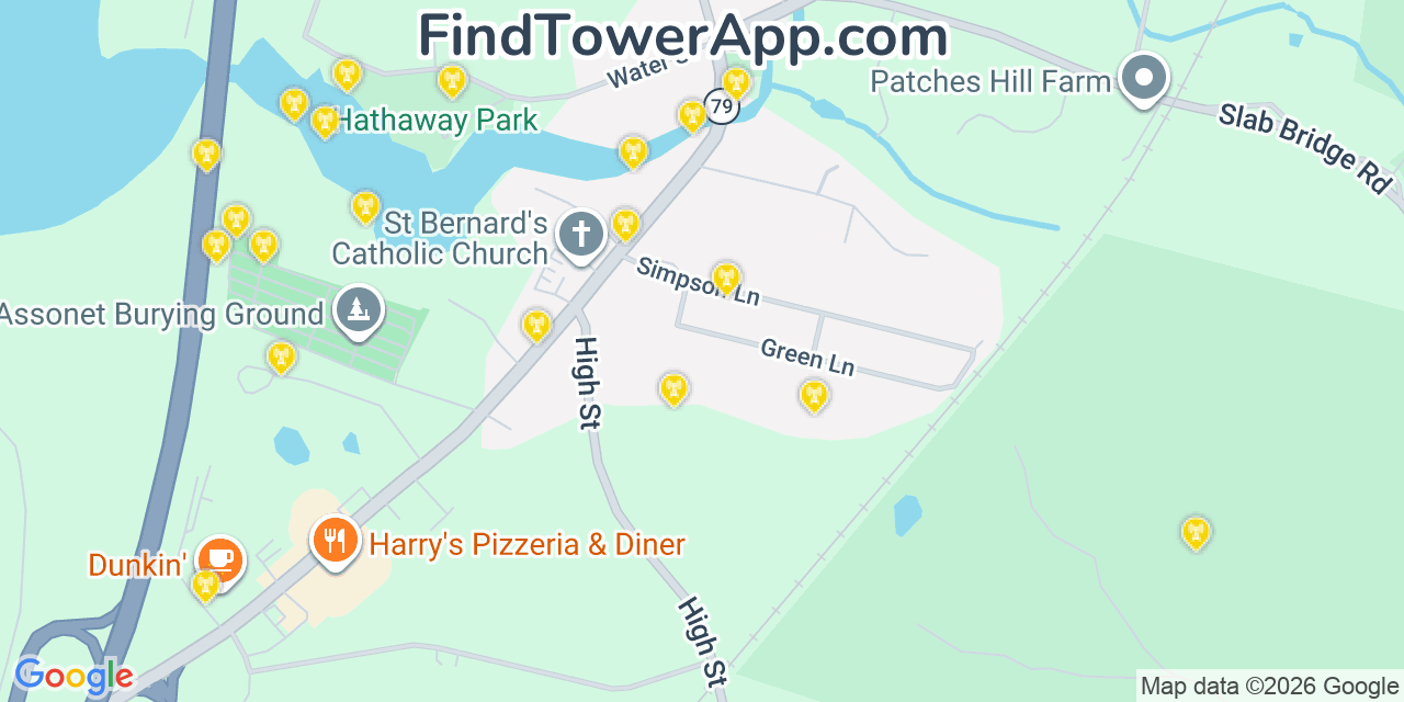 Map showing the 20 primary cell tower locations detected in Freetown, Massachusetts from AT&T, Verizon, and T-Mobile networks