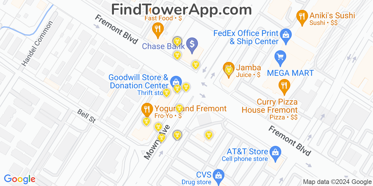 AT&T 4G/5G cell tower coverage map Fremont, California