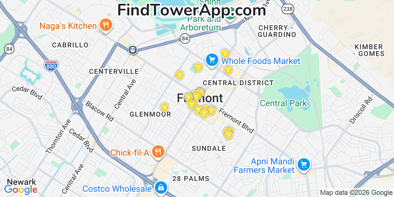 Map showing the 20 primary cell tower locations detected in Fremont, California from AT&T, Verizon, and T-Mobile networks