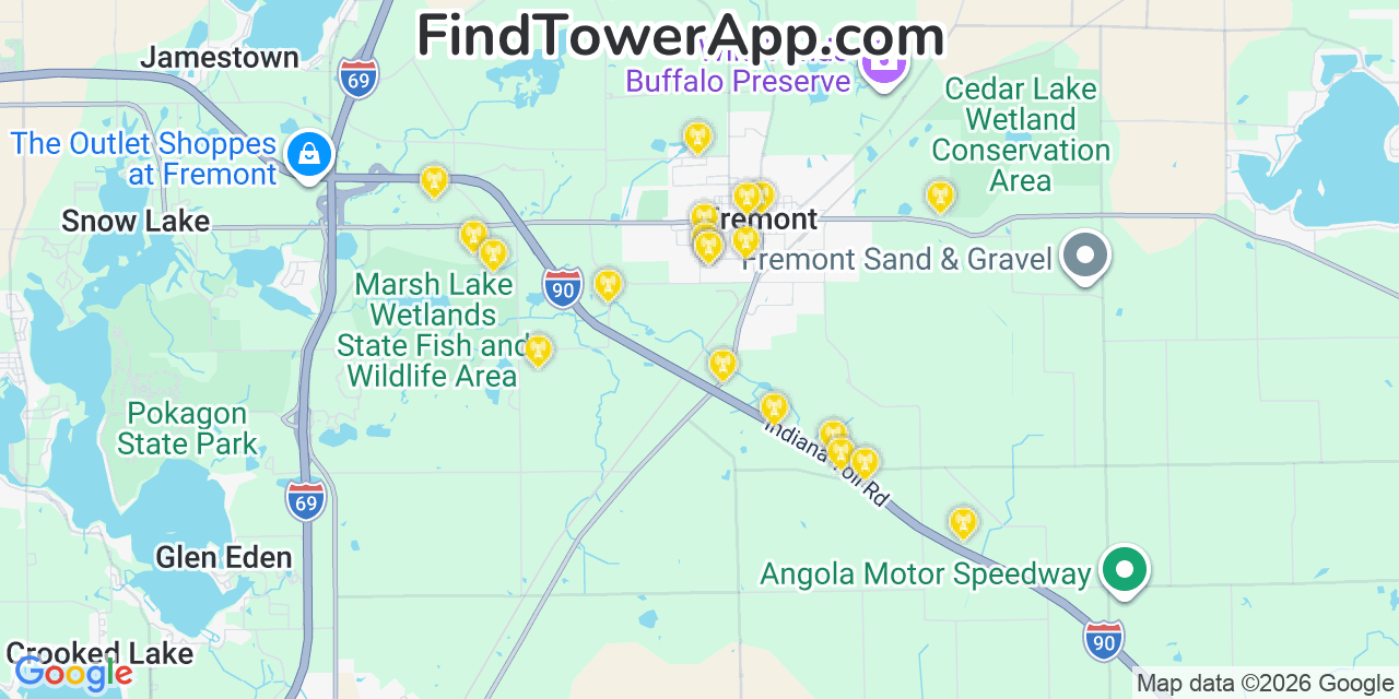 Map showing the 20 primary cell tower locations detected in Fremont, Indiana from AT&T, Verizon, and T-Mobile networks