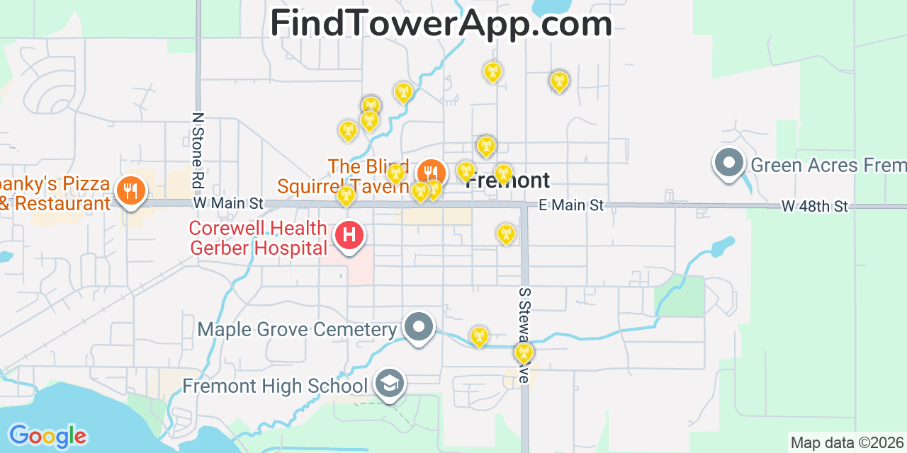 Map showing the 20 primary cell tower locations detected in Fremont, Michigan from AT&T, Verizon, and T-Mobile networks