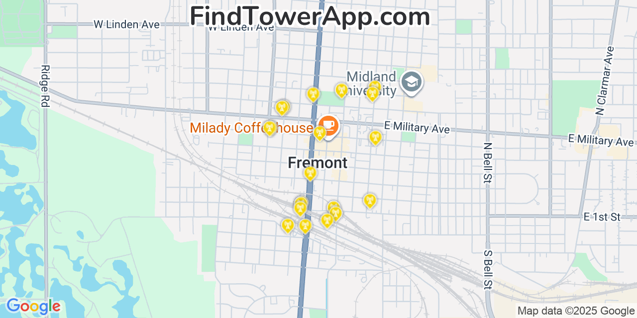 Map showing the 20 primary cell tower locations detected in Fremont, Nebraska from AT&T, Verizon, and T-Mobile networks