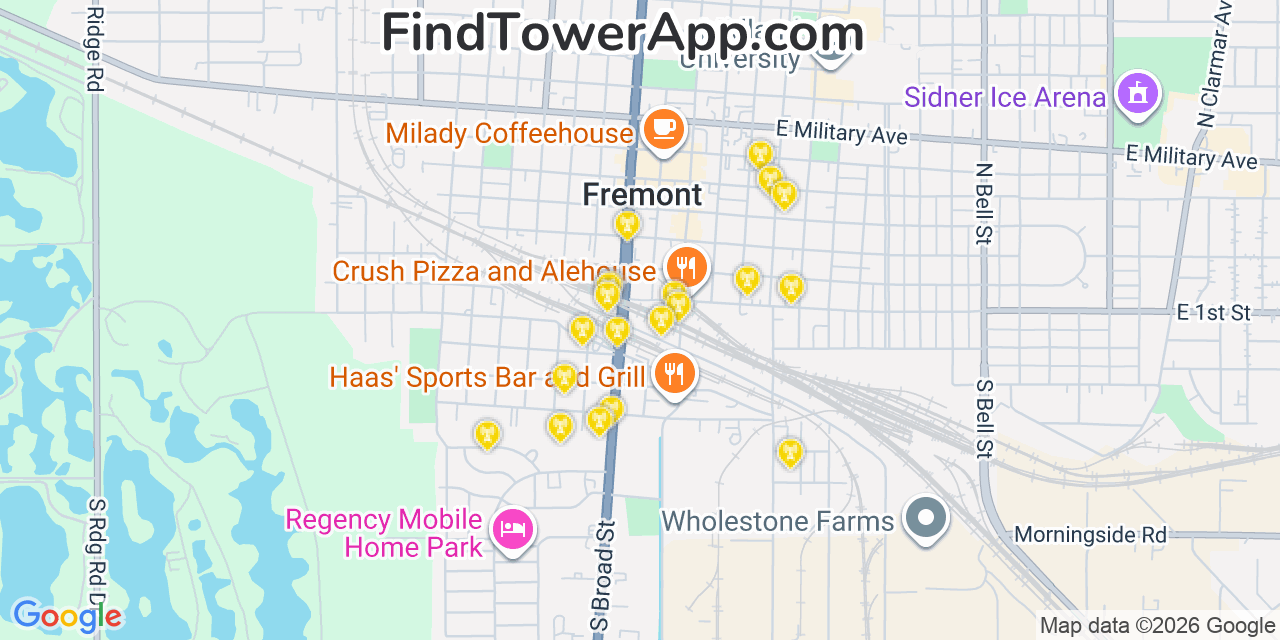 Map showing the 20 primary cell tower locations detected in Fremont, Nebraska from AT&T, Verizon, and T-Mobile networks