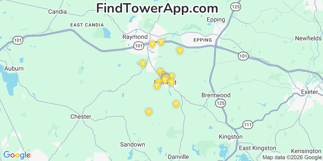 Map showing the 20 primary cell tower locations detected in Fremont, New Hampshire from AT&T, Verizon, and T-Mobile networks