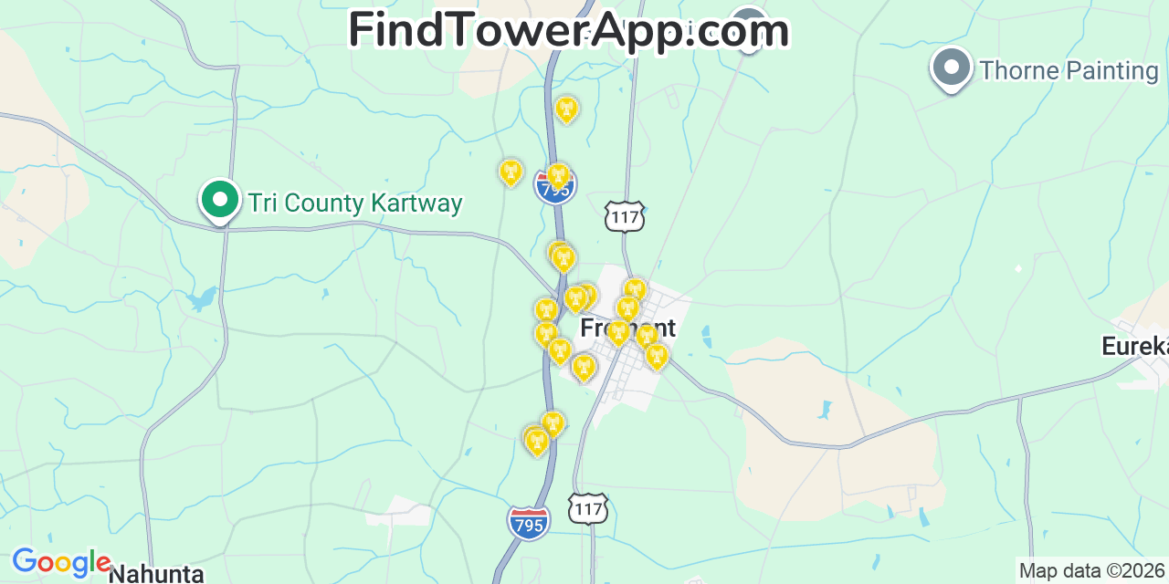 Map showing the 20 primary cell tower locations detected in Fremont, North Carolina from AT&T, Verizon, and T-Mobile networks