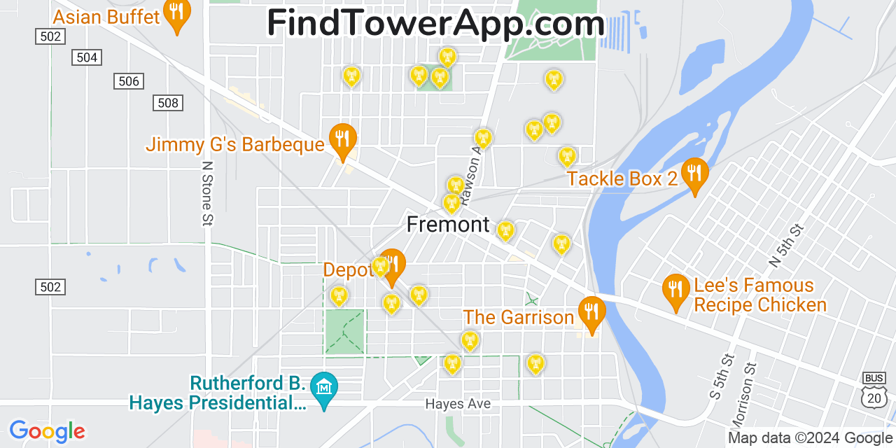 AT&T 4G/5G cell tower coverage map Fremont, Ohio