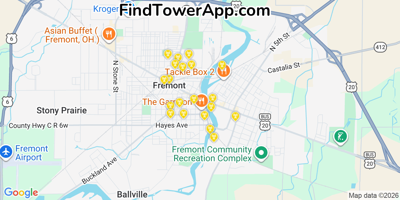 Map showing the 20 primary cell tower locations detected in Fremont, Ohio from AT&T, Verizon, and T-Mobile networks