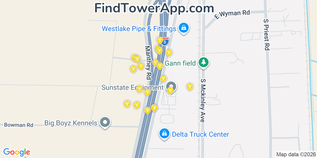 Map showing the 20 primary cell tower locations detected in French Camp, California from AT&T, Verizon, and T-Mobile networks
