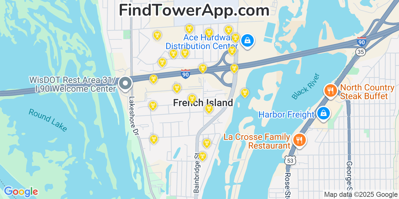 Map showing the 20 primary cell tower locations detected in French Island, Wisconsin from AT&T, Verizon, and T-Mobile networks