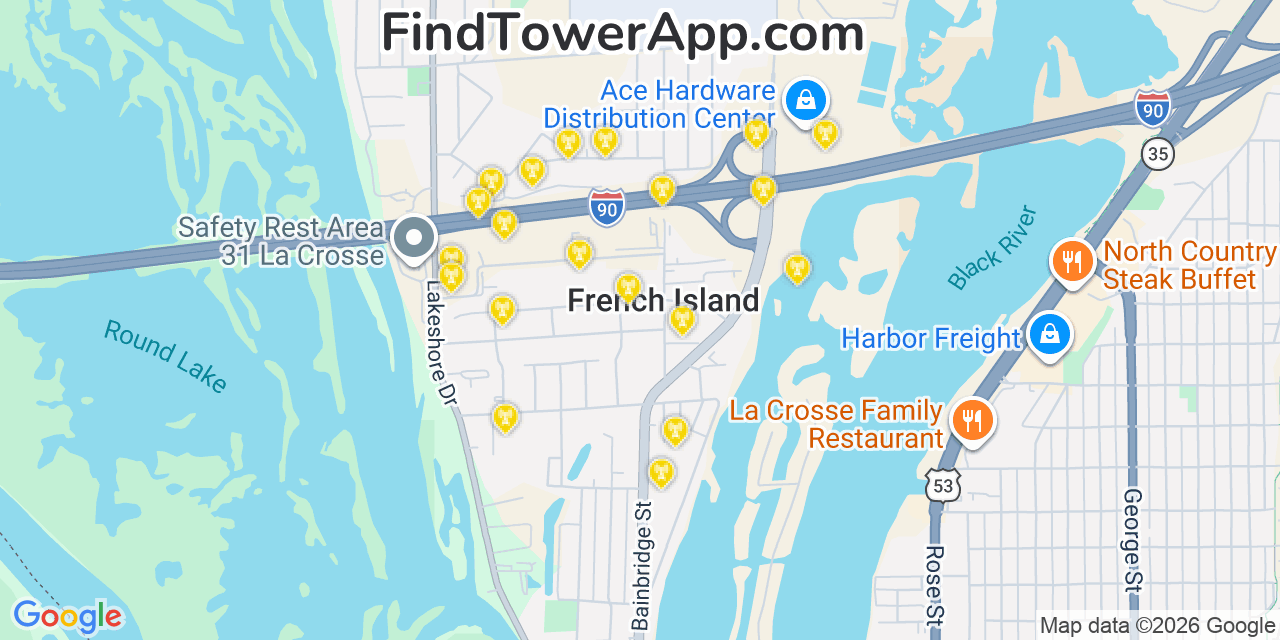 Map showing the 20 primary cell tower locations detected in French Island, Wisconsin from AT&T, Verizon, and T-Mobile networks