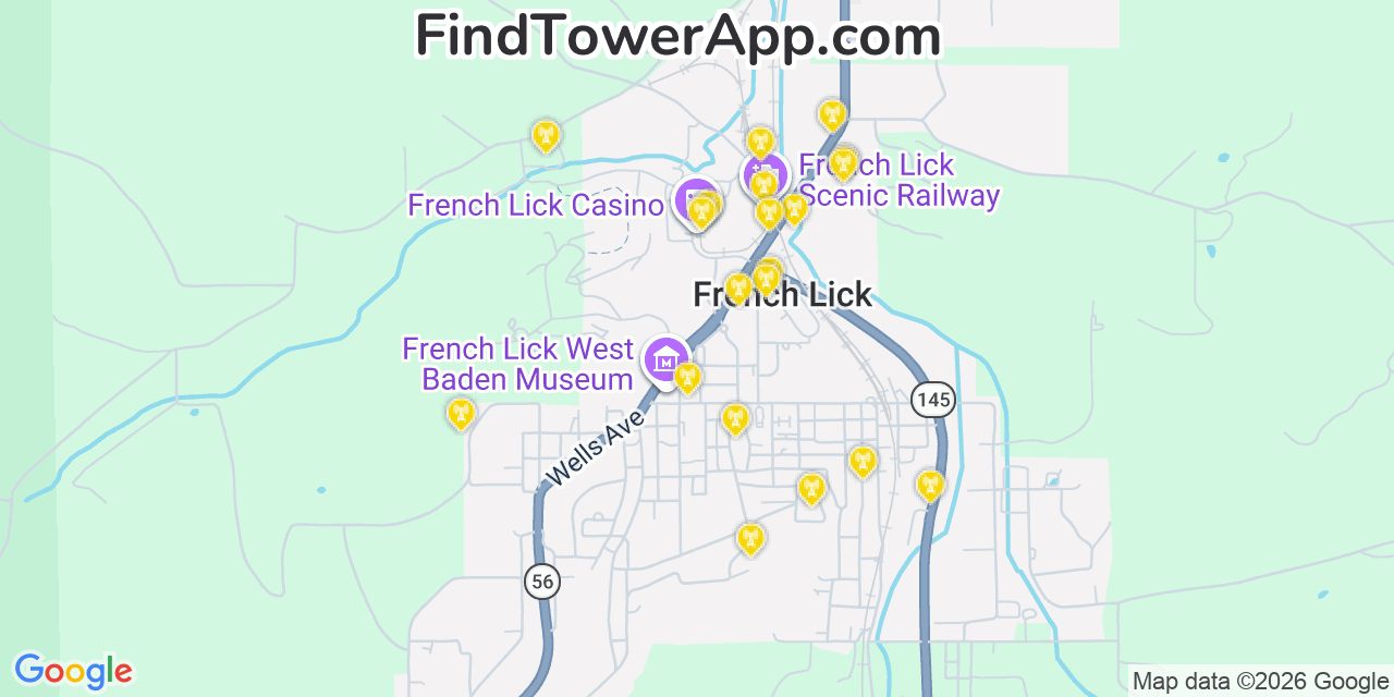 Map showing the 20 primary cell tower locations detected in French Lick, Indiana from AT&T, Verizon, and T-Mobile networks