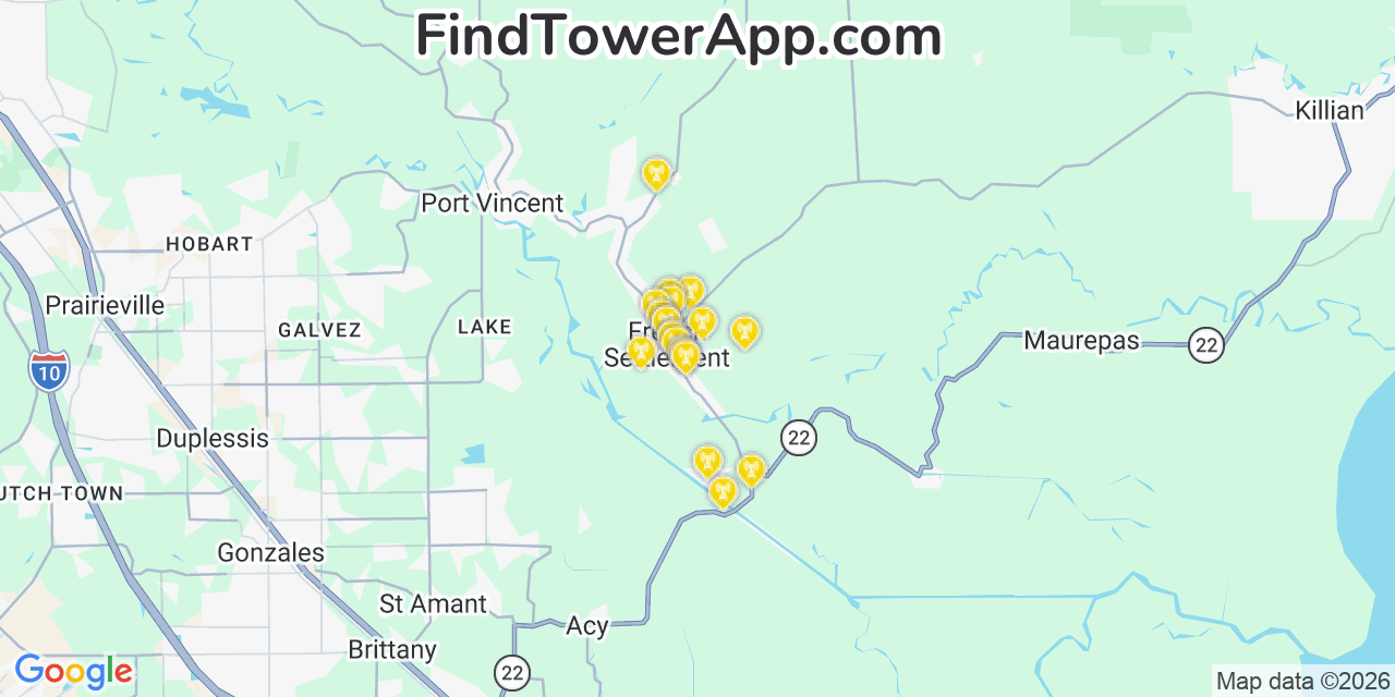 Map showing the 20 primary cell tower locations detected in French Settlement, Louisiana from AT&T, Verizon, and T-Mobile networks