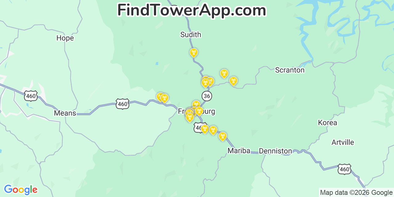 Map showing the 20 primary cell tower locations detected in Frenchburg, Kentucky from AT&T, Verizon, and T-Mobile networks