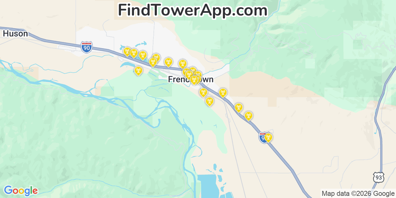 Map showing the 20 primary cell tower locations detected in Frenchtown, Montana from AT&T, Verizon, and T-Mobile networks