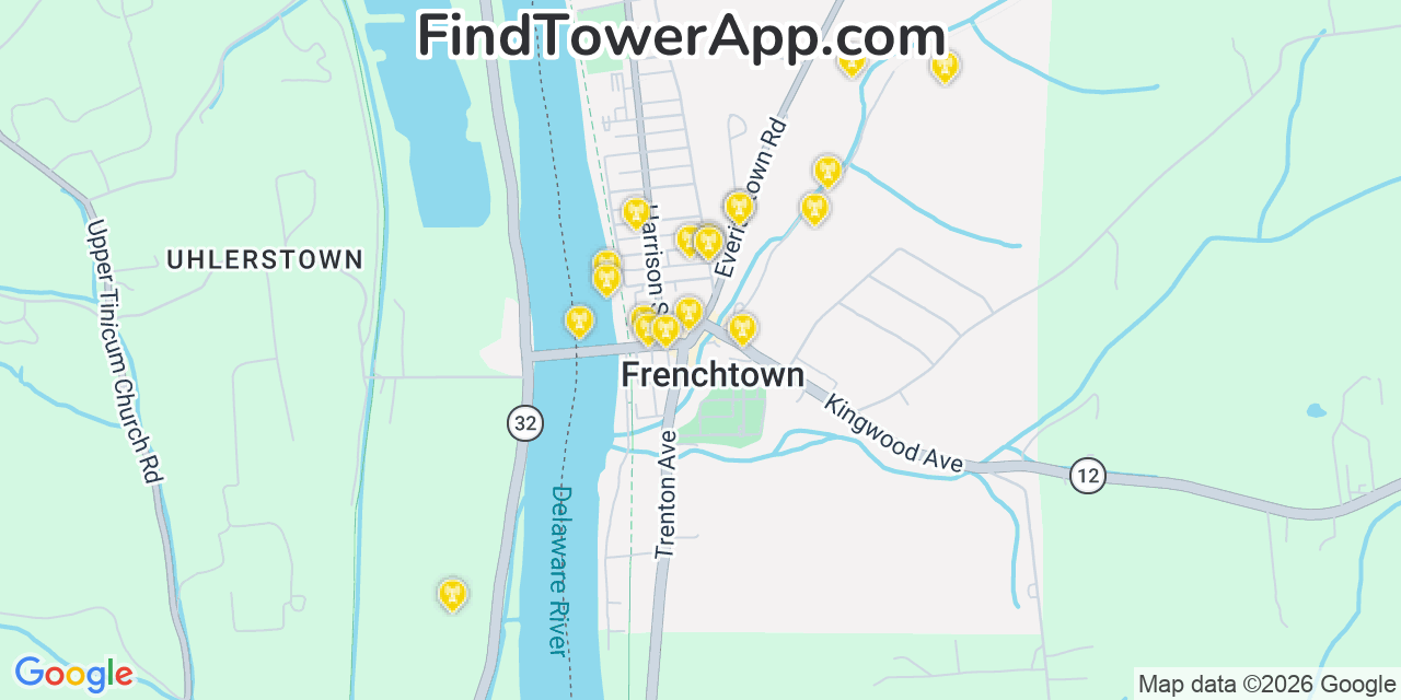 Map showing the 20 primary cell tower locations detected in Frenchtown, New Jersey from AT&T, Verizon, and T-Mobile networks