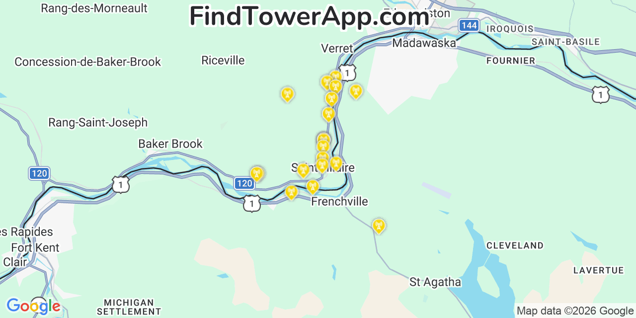 Map showing the 20 primary cell tower locations detected in Frenchville, Maine from AT&T, Verizon, and T-Mobile networks