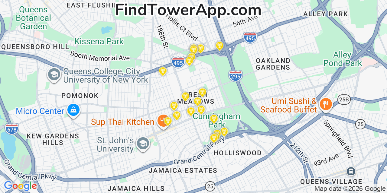 Map showing the 20 primary cell tower locations detected in Fresh Meadows, New York from AT&T, Verizon, and T-Mobile networks