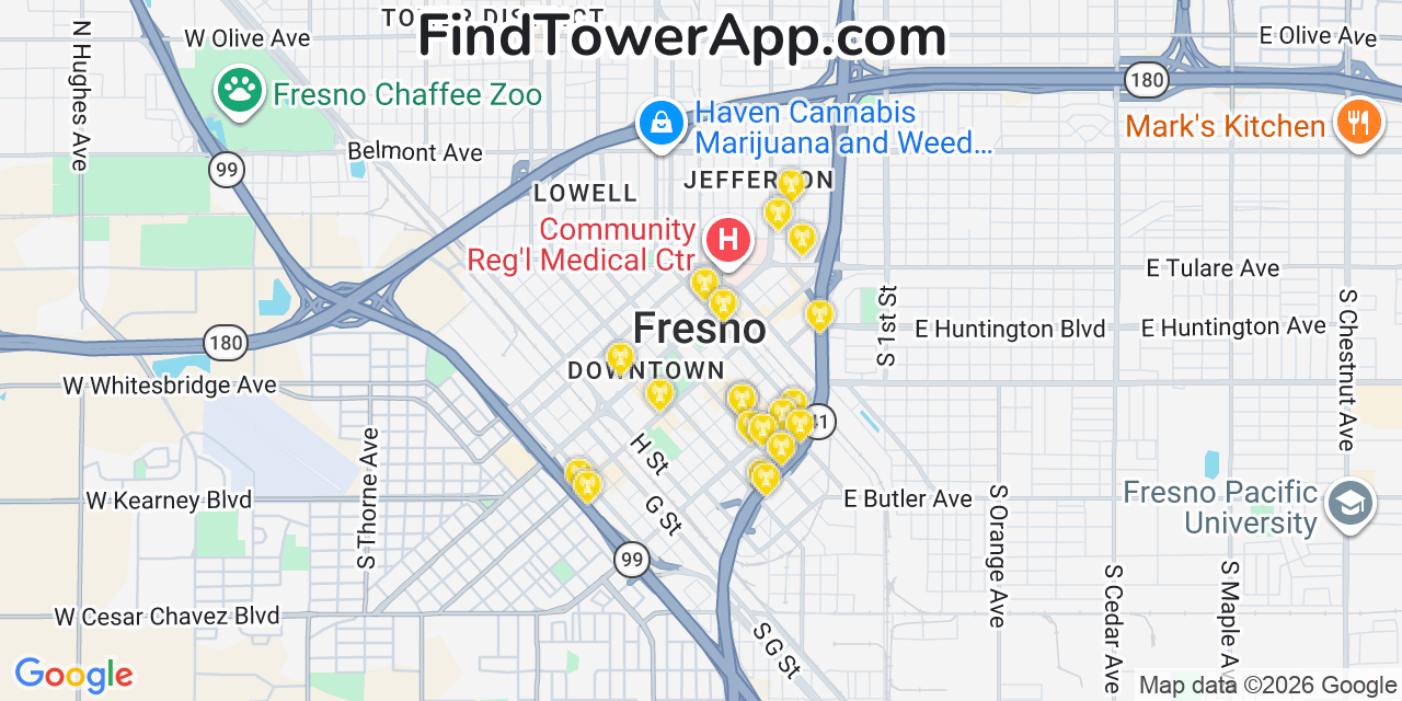 Map showing the 20 primary cell tower locations detected in Fresno, California from AT&T, Verizon, and T-Mobile networks