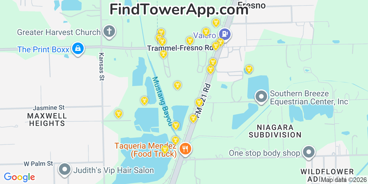 Map showing the 20 primary cell tower locations detected in Fresno, Texas from AT&T, Verizon, and T-Mobile networks
