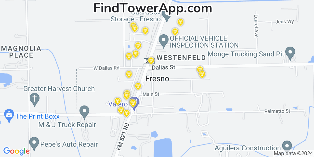 Verizon 4G/5G cell tower coverage map Fresno, Texas