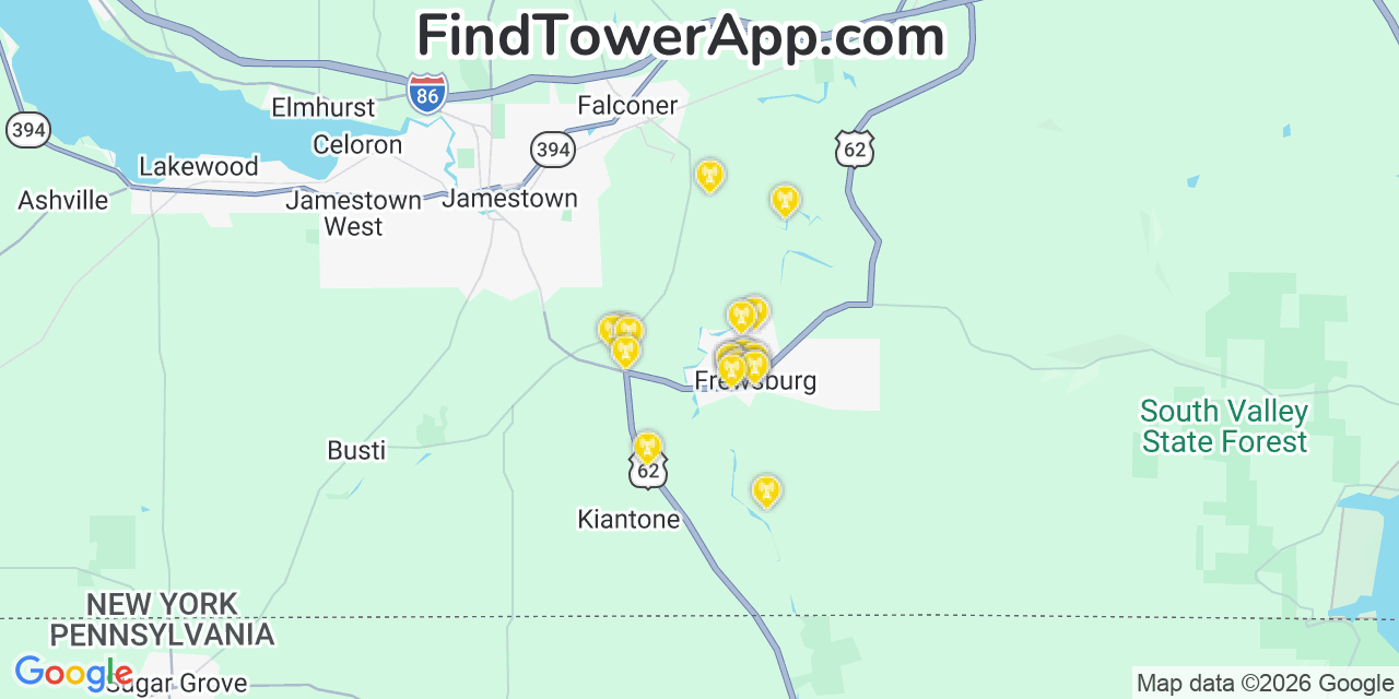 Map showing the 20 primary cell tower locations detected in Frewsburg, New York from AT&T, Verizon, and T-Mobile networks