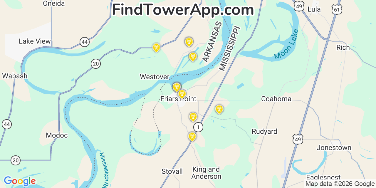 Map showing the 20 primary cell tower locations detected in Friars Point, Mississippi from AT&T, Verizon, and T-Mobile networks