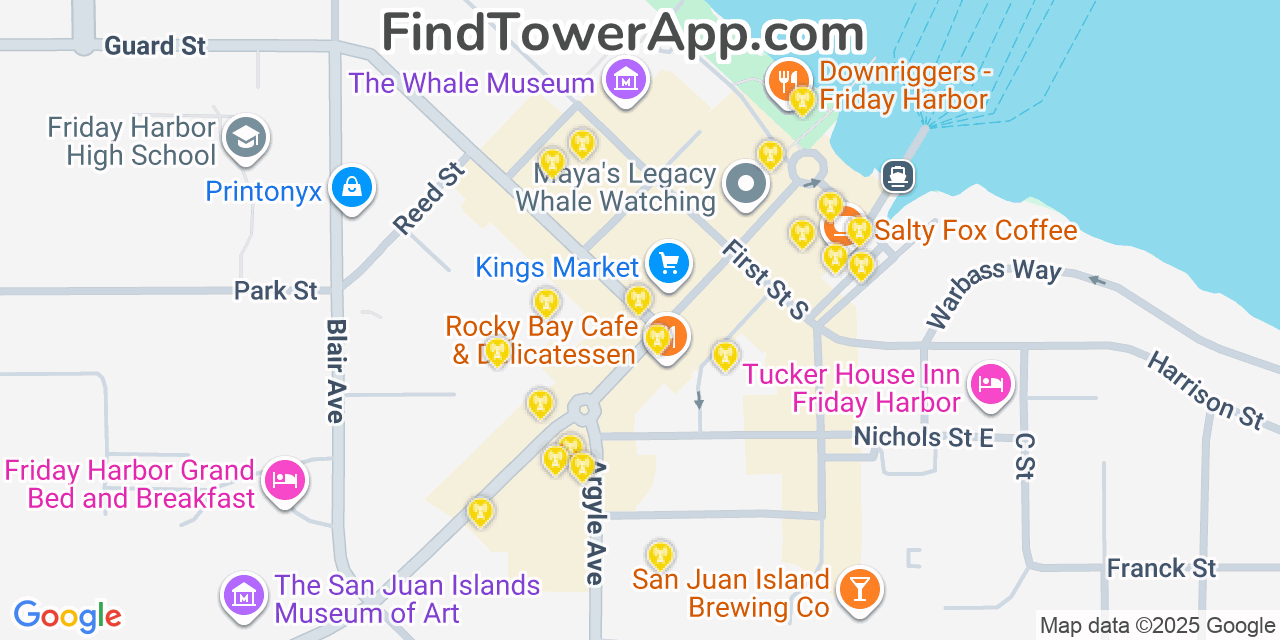 Map showing the 20 primary cell tower locations detected in Friday Harbor, Washington from AT&T, Verizon, and T-Mobile networks