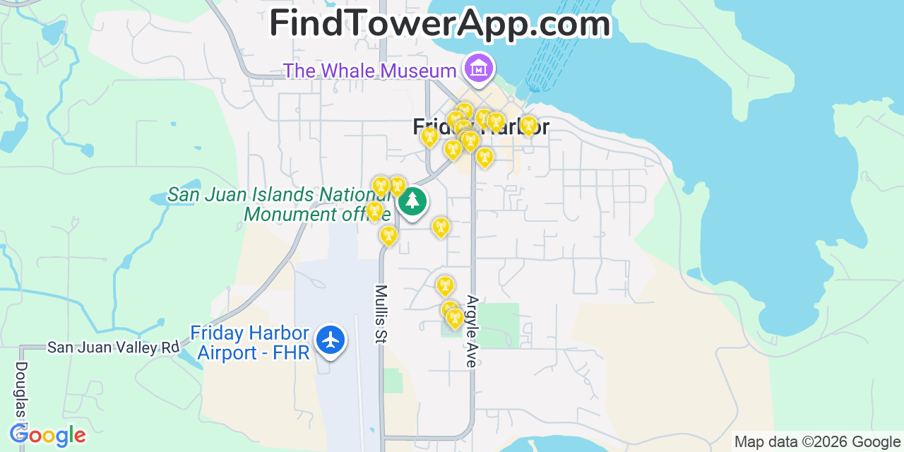 Map showing the 20 primary cell tower locations detected in Friday Harbor, Washington from AT&T, Verizon, and T-Mobile networks