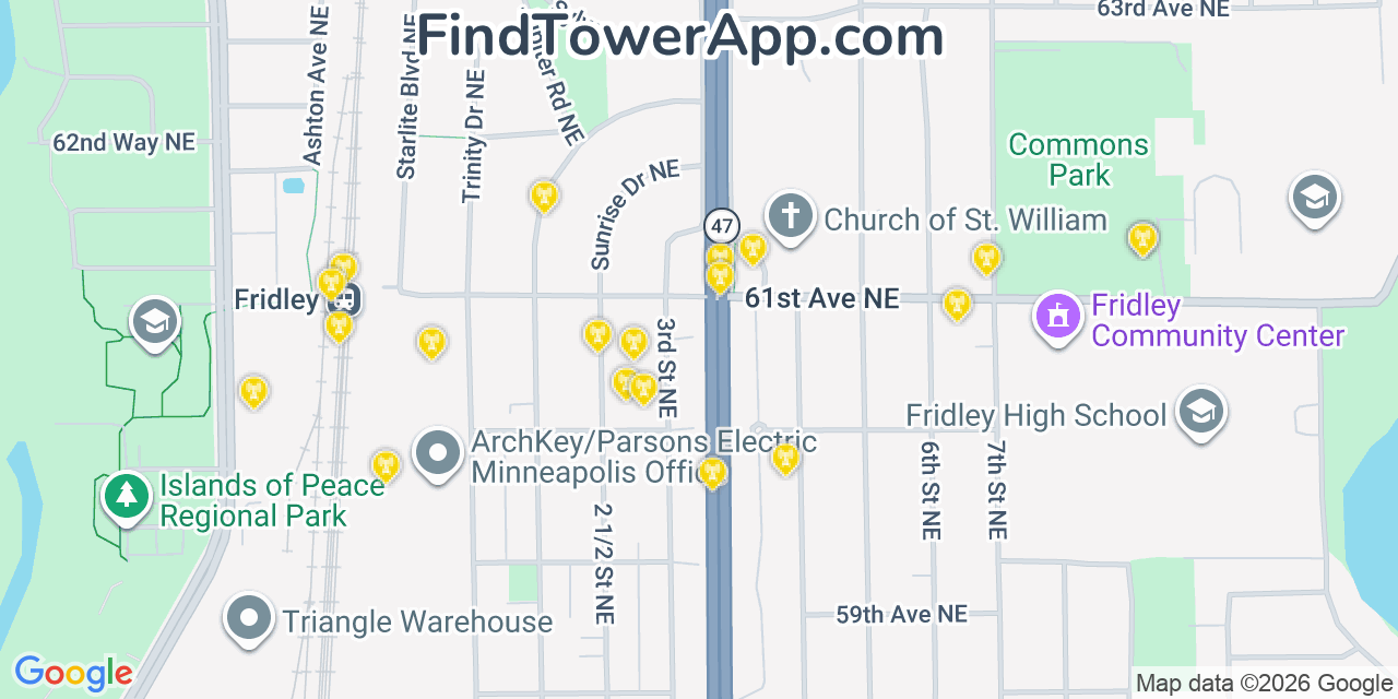 Map showing the 20 primary cell tower locations detected in Fridley, Minnesota from AT&T, Verizon, and T-Mobile networks