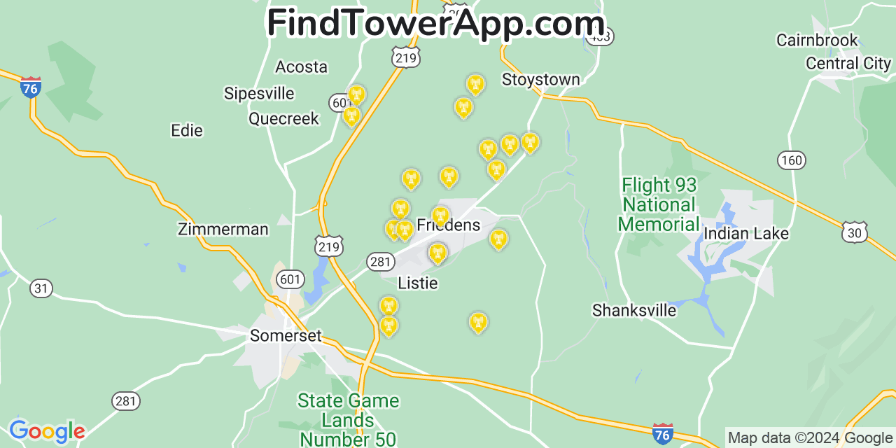 AT&T 4G/5G cell tower coverage map Friedens, Pennsylvania