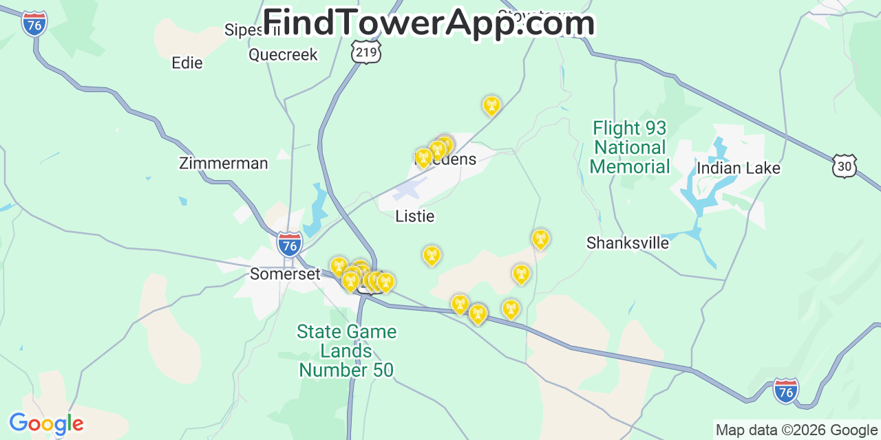 Map showing the 20 primary cell tower locations detected in Friedens, Pennsylvania from AT&T, Verizon, and T-Mobile networks