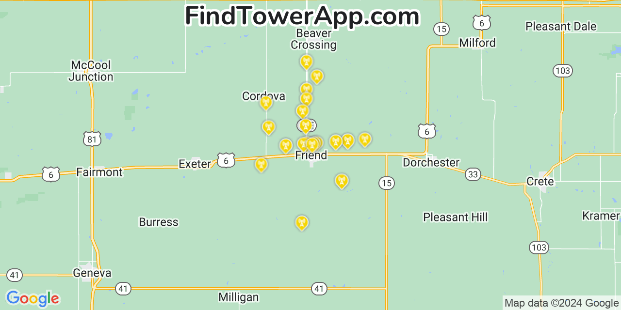 AT&T 4G/5G cell tower coverage map Friend, Nebraska