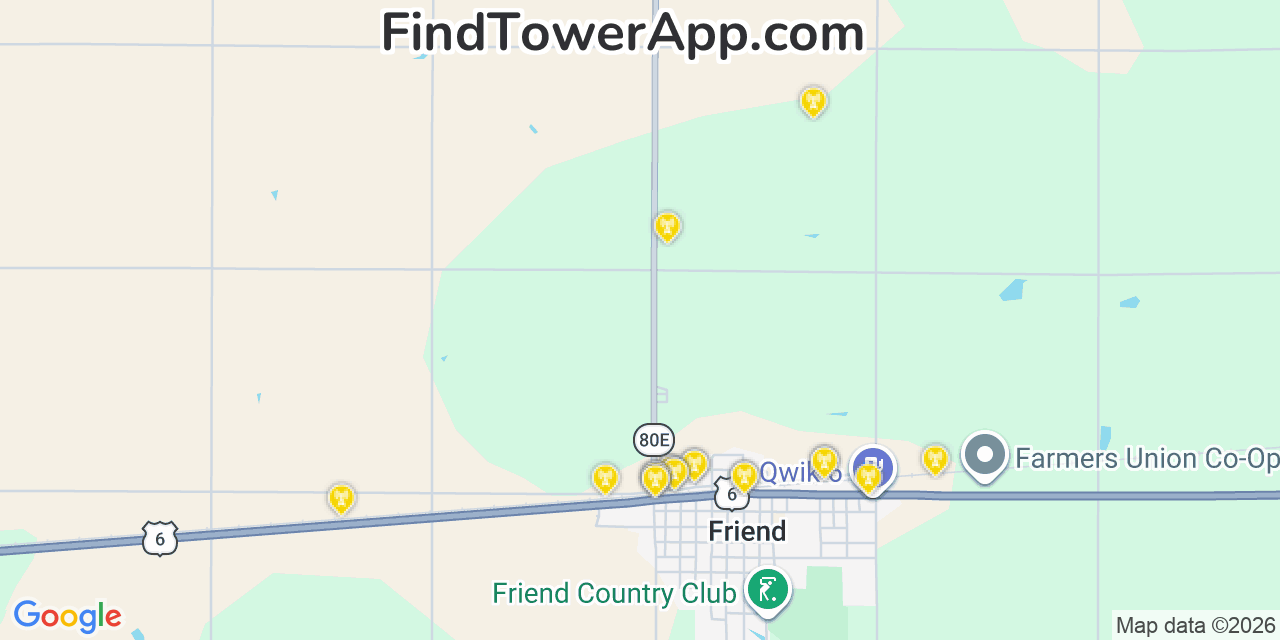 Map showing the 20 primary cell tower locations detected in Friend, Nebraska from AT&T, Verizon, and T-Mobile networks