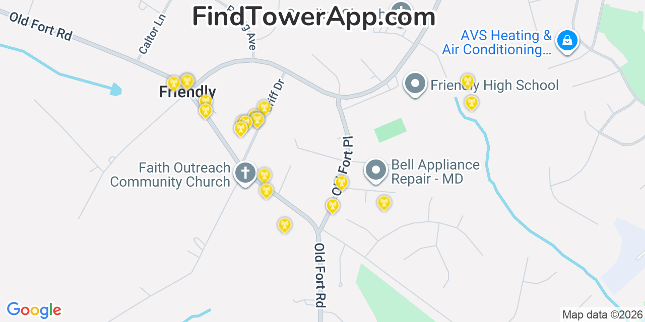Map showing the 20 primary cell tower locations detected in Friendly, Maryland from AT&T, Verizon, and T-Mobile networks