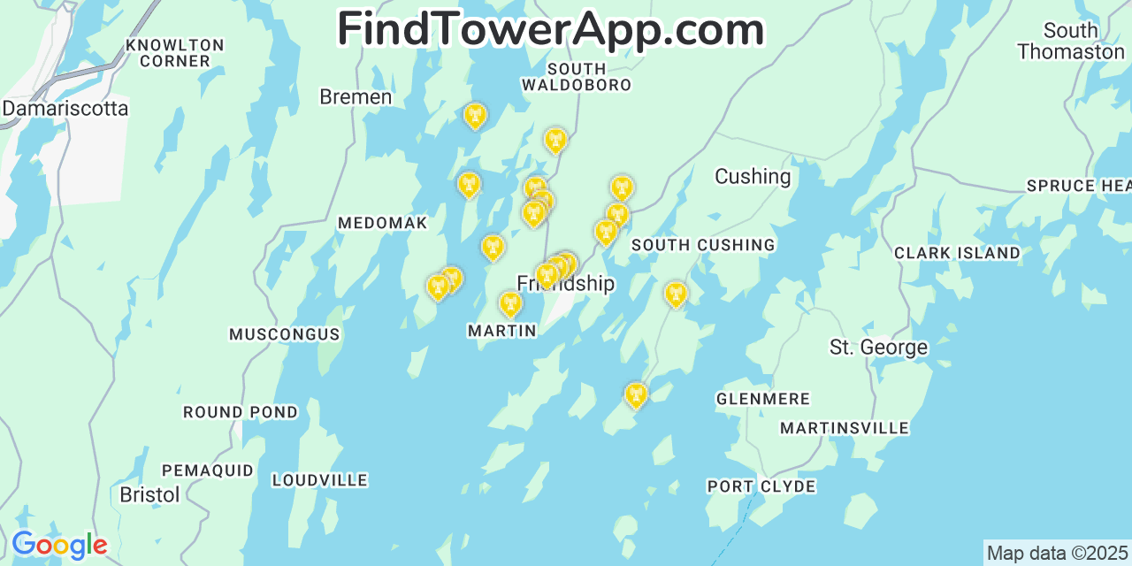 Map showing the 20 primary cell tower locations detected in Friendship, Maine from AT&T, Verizon, and T-Mobile networks