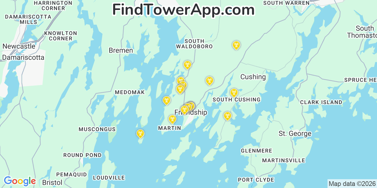 Map showing the 20 primary cell tower locations detected in Friendship, Maine from AT&T, Verizon, and T-Mobile networks