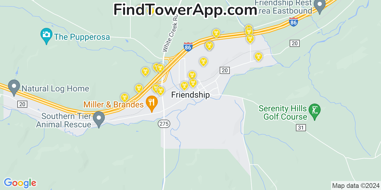 AT&T 4G/5G cell tower coverage map Friendship, New York