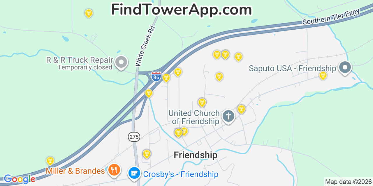 Map showing the 20 primary cell tower locations detected in Friendship, New York from AT&T, Verizon, and T-Mobile networks